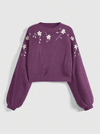 Fairycore Pull court à épaules tombantes avec broderie style campagne pour femmes