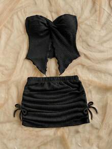 SHEIN Tween Girl Loose Casual Minimalist Comfortable Asymmetric Hem Tank Top And Skirt 2 Pieces Set - Black - View 6