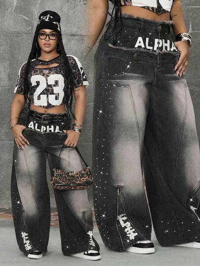 Grunge Punk Damen Jeans in Große Größen mit Waschung und Glitzersteinen, weiter Schnitt