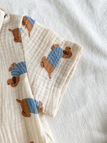 SHEIN Vintaside Kids Baby Boy Short Sleeve Textured Fabric Sausage Dog Graphic Casual T-Shirt Set - Apricot - View 6