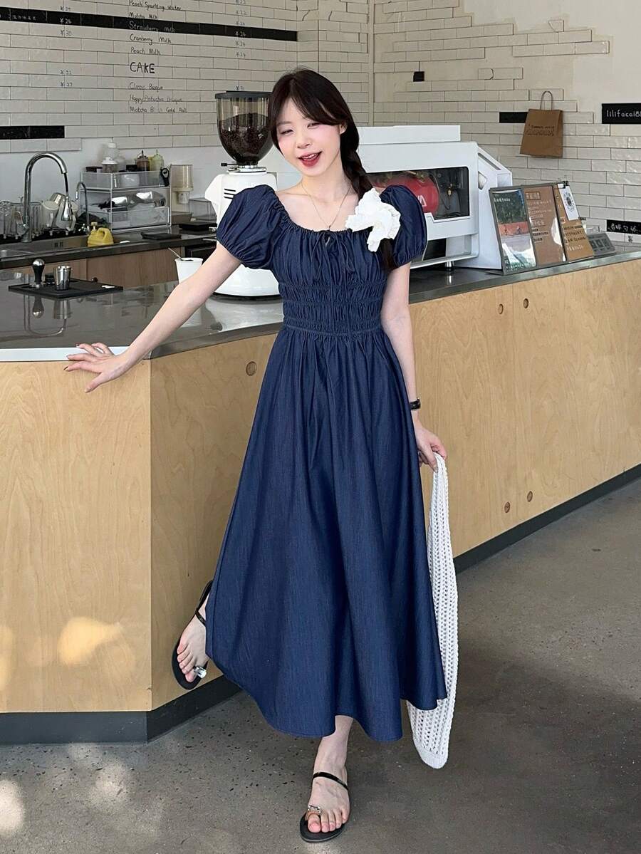 DAZY Đầm nữ mùa hè kiểu Hàn Quốc tay phồng cổ vuông màu trơn chất liệu giả denim dáng chữ A. - Màu xanh lam - Xem 1