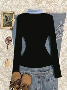 Glimmora Women's Casual Contrast Striped Waist Long Sleeve T-Shirt - Black - View 2