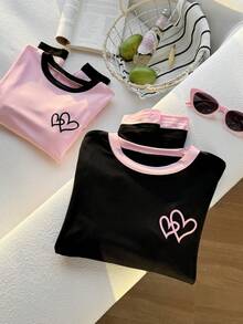 2 pezzi/set Magliette a maniche lunghe con scollo rotondo e stampa a cuori colorblock, per ragazze pre-adolescenti - Multicolore - Visualizzare 6