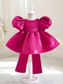 可爱优雅蝴蝶结装饰紫红色短袖连衣裙，女婴款 - 玫紅色 - 查看 9