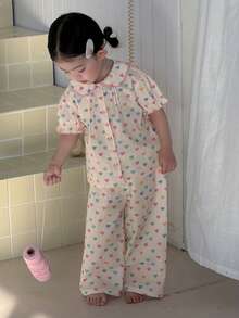 DAZY 2件套女婴爱心印花圆领短袖上衣和裤子睡衣套装 - 白色 - 查看 10