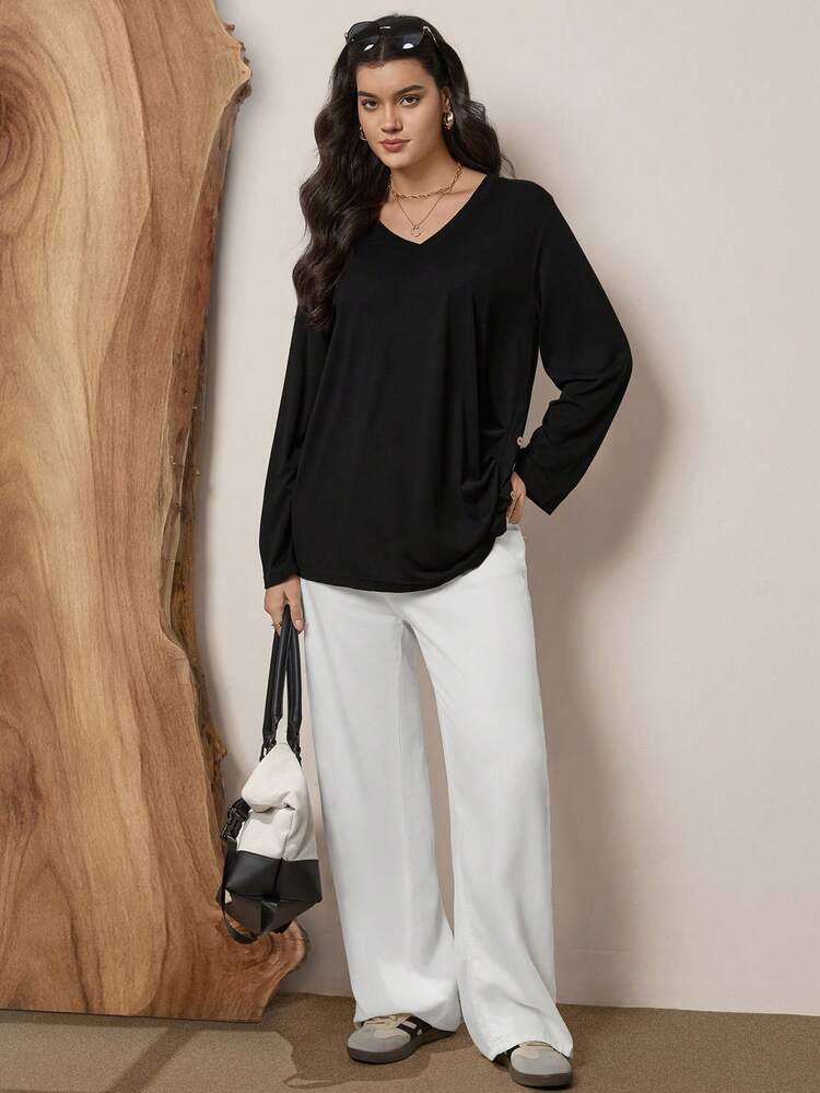 Plus Size Fall Women Clothes Apricot V-Neck Texture Small Plaid Fabric Casual Long Sleeve Teacher T Shirt Fall Women Clothes