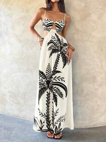 Aloruh Đầm hai dây khoét eo họa tiết nhiệt đới, thích hợp cho kỳ nghỉ thường ngày. - Màu be - Xem 3