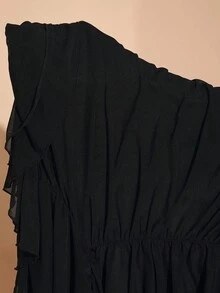 SHEIN BAE 大码秋季优雅外出性感派对女士黑色网纱无肩带露肩荷叶边抹胸上衣性感前中心系带荷叶边袖口褶皱连体衣甜美连体衣派对连体衣婚礼宾客连体衣万圣节服装圣诞节服装生日派对服装 - 黑色 - 查看 10