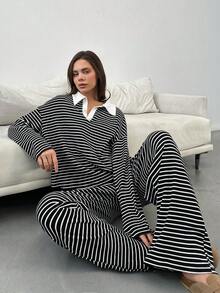 SHEIN Tall 女款2件套寬鬆黑白條紋V領長袖T恤與鬆緊腰長褲，休閒居家返校秋季冬季針織套裝，適合高個女性 - 黑色 - 查看 1