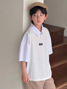 SHEIN 男童休闲撞色拼接Polo领短袖衬衫，适合通勤、上学、日常休闲穿着、运动、春夏季节，白色衬衫，Y2K风格套装，适合春夏秋季节、外出、情人节、约会、新年、旅行、度假、家庭聚会、返校季、婚礼季、正式晚宴、健身等场合。 - 卡其色 - 查看 3