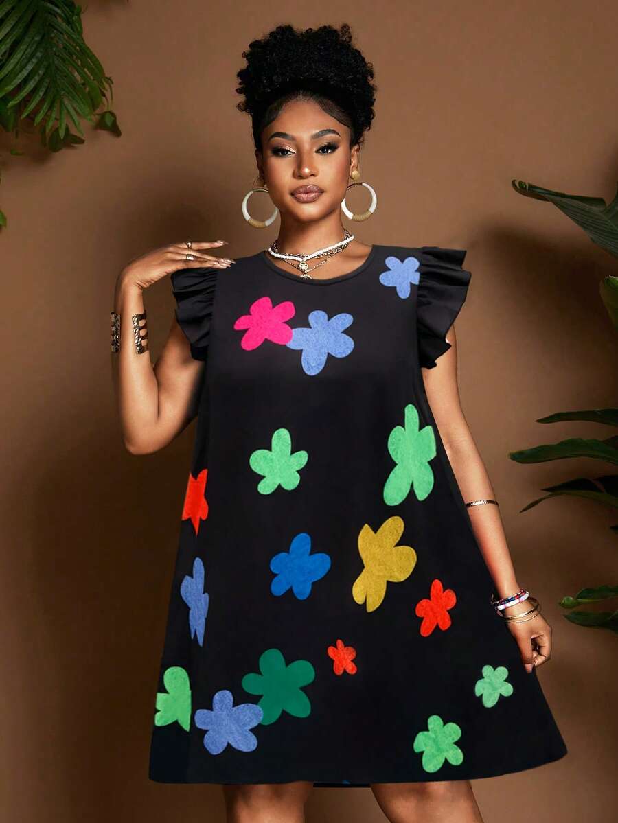 Maweii Đầm nữ cỡ lớn cổ tròn tay bồng dáng chữ A in họa tiết hoạt hình, kiểu dáng rộng rãi, thoải mái, thích hợp đi nghỉ mát, đi làm, phong cách tối giản, thiết kế độc đáo, món đồ thiết yếu mới cho mùa xuân/hè/thu. - màu đen - Xem 1