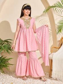 Tween Girl Cute Pink Metallic Print Doll Sweater, Long Pants & Flare Pants Shirt Set, Suitable For Festival & Middle Eastern/ Girls