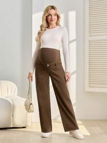 SHEIN Adjustable Waist Straight-Leg Maternity Jeans, Casual Everyday Wear - Brown - View 6