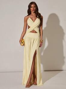 SHEIN BAE Women's Hollow-Out Overlap Back Sleeveless Long Yellow Textured Fabric Dress, Suitable For Spring/Summer Vacation, Beach, Gathering With Friends, Dating - Yellow - View 4