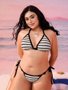 Swim Mod New Vintage Striped Textured Fabric Bikini Set, Contrast Color Summer Swimsuit Set, Plus Size Swimwear Set - Black and White - View 4