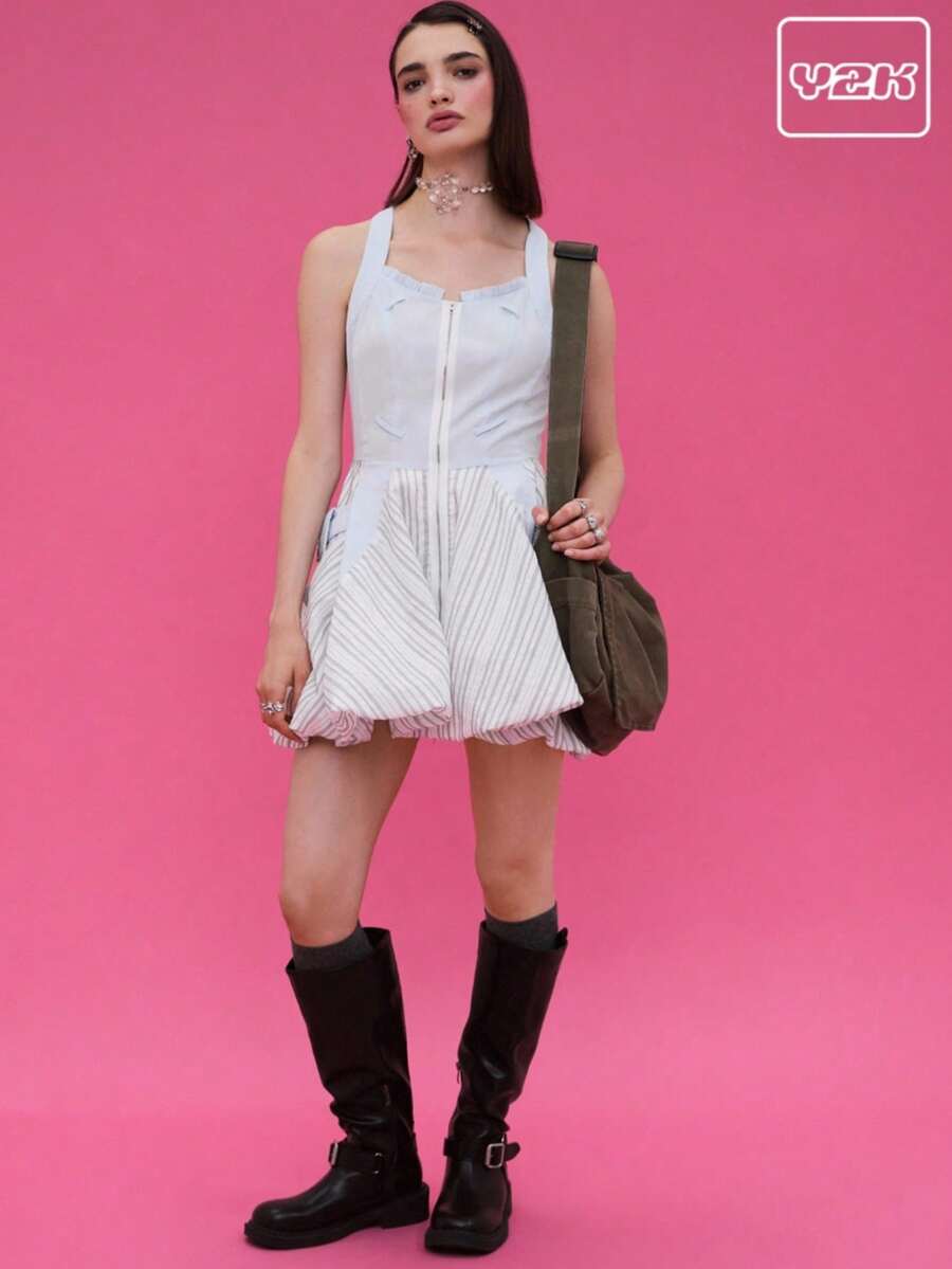 COUREZ Croseted Zip Front Bubble Hem Mini Dress /Y2K Going Out Outfits  Women Clothes  Clothes Cute Spring Sexy Wedding Guest Dress Date Outfits - White - View 1