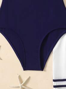 SHEIN 少女沙滩度假泳衣及裙子套装 - 藍白色 - 查看 5