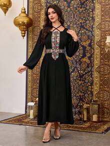 Al Najma Black Arabic Style Dress With Embroidered Floral Trim, Cross-Tie Neckline And Belt - Black - View 9