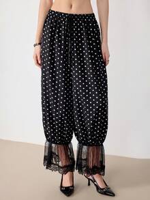 European And American Fashion New Spring/Autumn Casual Lantern Pants, Elastic Waist, Lace Hem Design, Simple Versatile Retro Polka Dot Design Women Trousers - Black and White - View 3