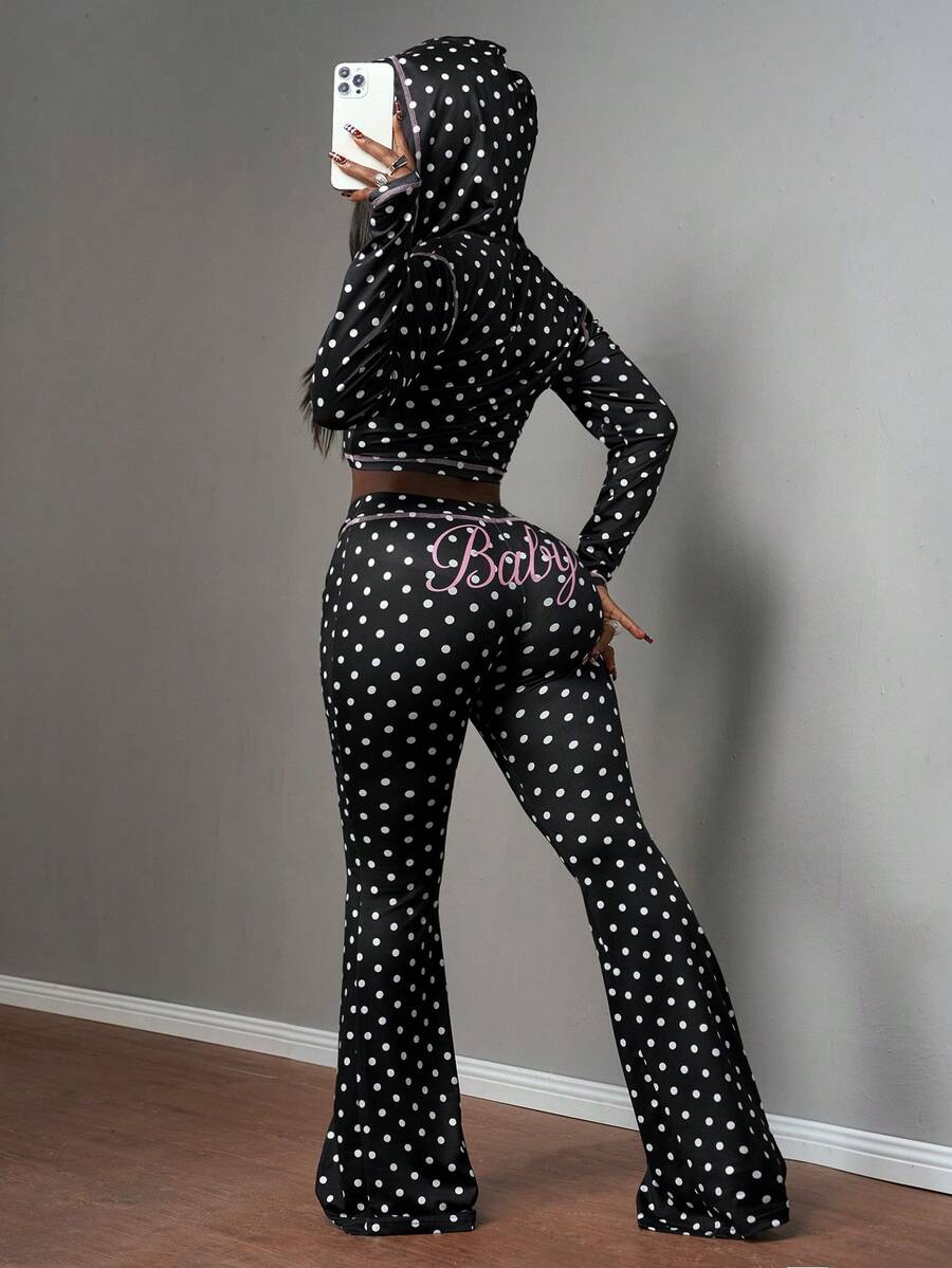 Slaydiva New Spring/Summer Casual Street Style Sexy Slim Fit Black Polka Dot Letter Print Hooded Cardigan Long Sleeve T-Shirt + Flared Pant Women Two Pieces Set.Suitable For Valentine's Day, Dates, Party, Gatherings, Holidays, Vacation,Nomadic Style, Beach, Seaside,Concerts, Everyday Outings, New Year's, Revelry, Brunch Outfits, Hot Girl, Wedding Guest Outfits, Wedding Season,-B Pants Set Two Piece - Multicolor - View 1