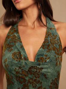 Silquee 秋冬季绿色植绒花卉垂褶领口系带修身优雅性感长裙，适合情人节、圣诞节、约会、外出、夜店派对、优雅派对、伴娘礼服、婚礼季等场合。 - 綠色 - 查看 5