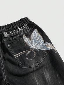 ROMWE Fairycore 大码女式复古水洗蝴蝶刺绣牛仔裤 - 黑色 - 查看 2