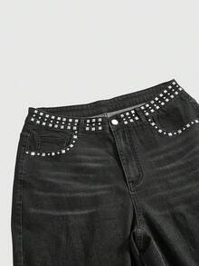 ROMWE Grunge Punk Plus Size Punk Rivet Waist Design Versatile Plus Size Flare Jeans - Black - View 3