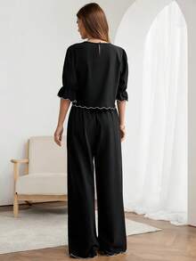 Easowa 2pcs/Set Women's Casual Floral Embroidered Ruffle Sleeve Blouse And Elastic Waist Wide Leg Pants Suit, Elegant Commuter Vacation Outfit, Spring/Summer