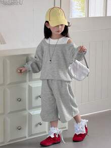 DAZY 2pcs/Set Young Girls Off-Shoulder Long Sleeve Sweatshirt & Shorts Set Spring - Grey - View 3