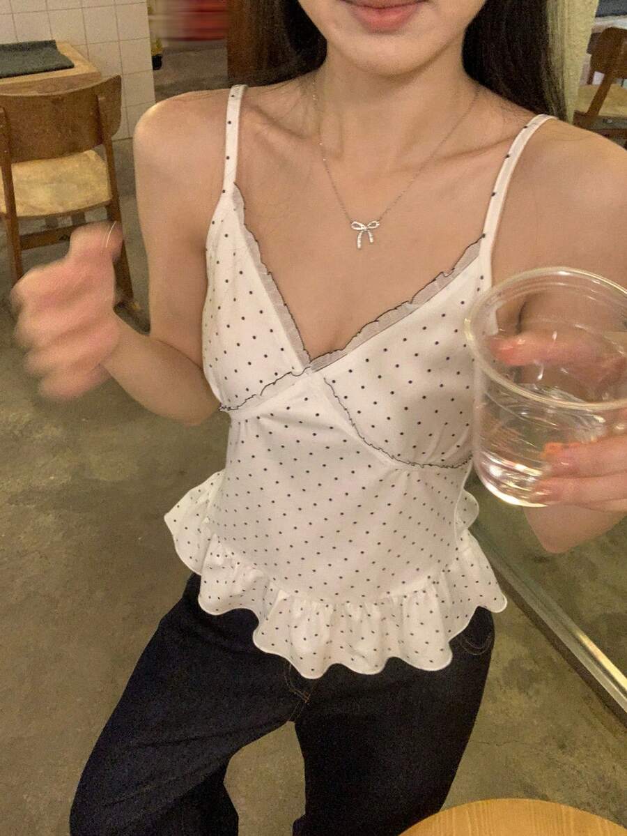 DAZY Women's Polka Dot Camisole, Korean Style Casual Summer Ruffled Hem Girly Fresh Versatile Tank Top Vacation - White - View 1