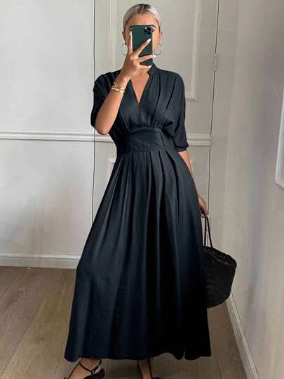 DAZY 女士休闲V领中长连衣裙，纯色，秋季吊带裙