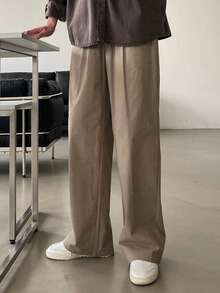 DAZY Men's Solid Brown Elastic Waist Pants, Spring/Autumn - Brown - View 2