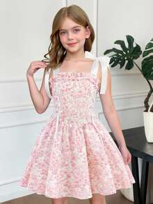 SHEIN Vestido de tirantes con estampado de mariposa, elegante y dulce, para niña preadolescente - Rosa Fucsia - Ver 6