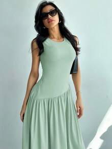 女士无袖纯色褶皱腰部休闲连衣裙 - 綠色 - 查看 4