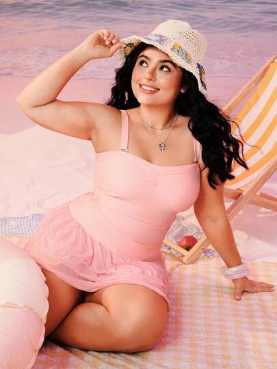 Swim Mod New Summer Beach Vacation Ruffled Bandeau Flattering Tankini Top + Swim Shorts, Women Pink Swimwear, Pink Tankini Swimwear, Plus Size Tankini Bikini