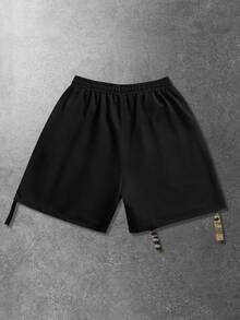 ROMWE MEN Pantalones cortos de hombre con estampado de anime lavado - Negro - Ver 2