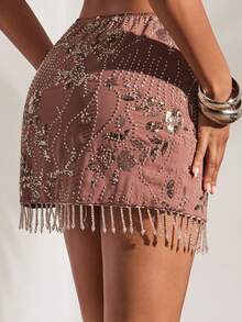 Opulessa Women's Dusty Pink Floral Sequin Tassel Hem Skirt,Elegant Wedding Guest,Birthday,Bar Party,Autumn,Spring Break,Summer,Valentine's Day,Beach,Vacation - Brown - View 1