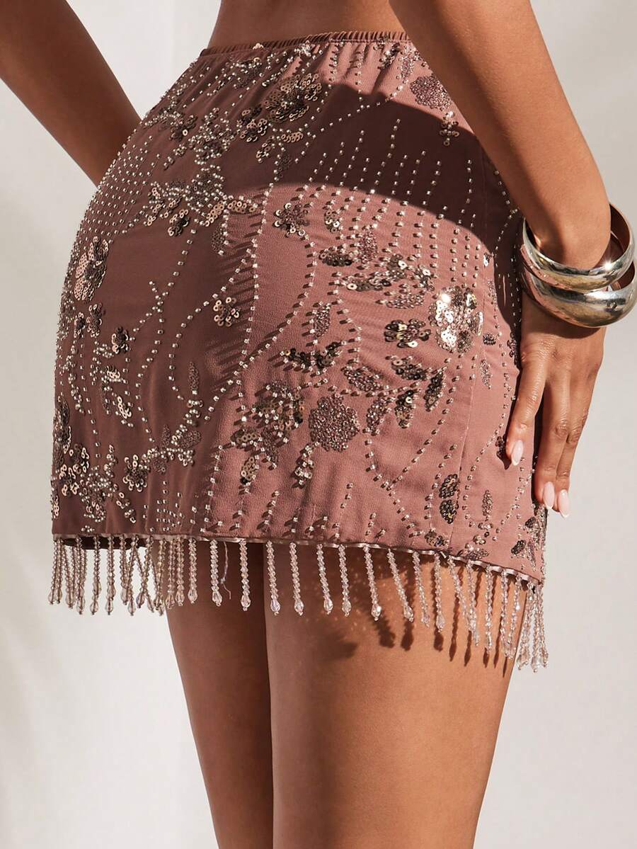 Opulessa Women's Dusty Pink Floral Sequin Tassel Hem Skirt,Elegant Wedding Guest,Birthday,Bar Party,Autumn,Spring Break,Summer,Valentine's Day,Beach,Vacation - Brown - View 1