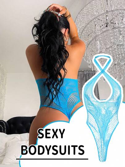 SHEIN Women's Sexy Bodysuit Blue Fishnet Bikini Sleeveless High Stretch Fishnet Bodysuit, Suitable For Beach, Seashore, Party, And Gathering For Going Out
