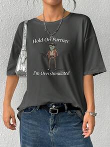 INAWLY Áo thun cổ tròn in khẩu hiệu thường ngày cỡ lớn dành cho nữ, mùa hè - Màu xám đen - Xem 3