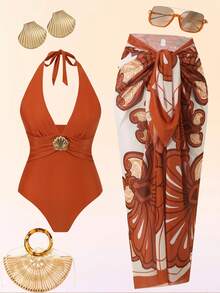 Swim Oasis 大码连体泳衣，金属装饰，印花网纱裙摆，优雅简约女士泳装套装 - 彩色 - 查看 1