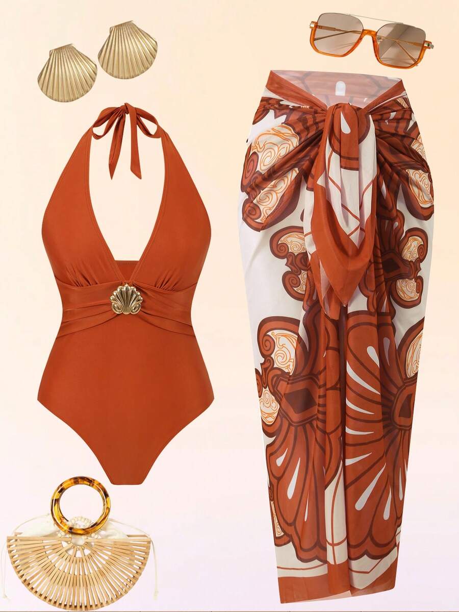 Swim Oasis 大码连体泳衣，金属装饰，印花网纱裙摆，优雅简约女士泳装套装 - 彩色 - 查看 1