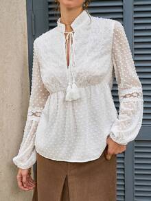 SHEIN LUNE Blouse bohème à manches longues évasées, col V, en patchwork de dentelle et de mousseline de soie à pois jacquard français, pour femmes, printemps/automne - Blanc - Voir 1