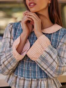 WESTFADE Mixed Plaid & Gingham Collared Button Front Tiered Ruffle Boxy Fit Top Fall, Autumn, Winter, Boho, Casual, Cute, Western Wear, Country - Navy Blue - View 4