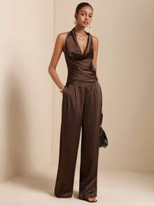 SHEIN Veneréa 两件套：纯色露背垂褶无袖上衣和斜插口袋长裤 - 巧克力棕 - 查看 7