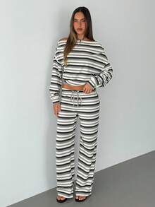 Aloruh Women's Casual Off Shoulder Striped Print Loose Top And Straight Leg Pants 2 Pieces Set,Spring Outfit Women,Casual Outfits For Women,Going Out Sets Women - Multicolor - View 2