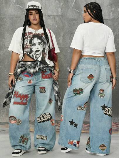 ROMWE Avant Jeans en denim avec logo brodé, slogan, esthétique de ballet sportif rétro Y2K pour femmes grandes tailles