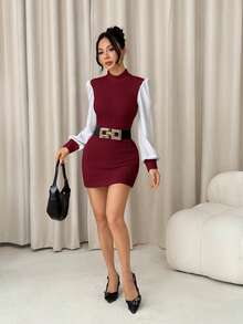SHEIN PETITE Đầm tay phồng cổ đứng có gân - Màu Đỏ Sâu - Xem 7