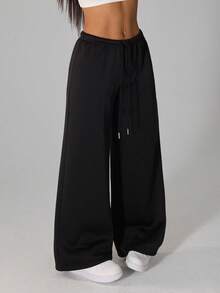 SHEIN PETITE Casual Loose Front Tie Drawstring Sweatpants, Suitable For Everyday Wear And Back To School Season, Suitable For Spring/Summer Wide Leg Pants Women's Wide Leg Pants Oversized Pants Wide Leg Summer Pants Palazzo Pants Women Loose Pants Swimsuit Cover Up Pants - Black - View 7