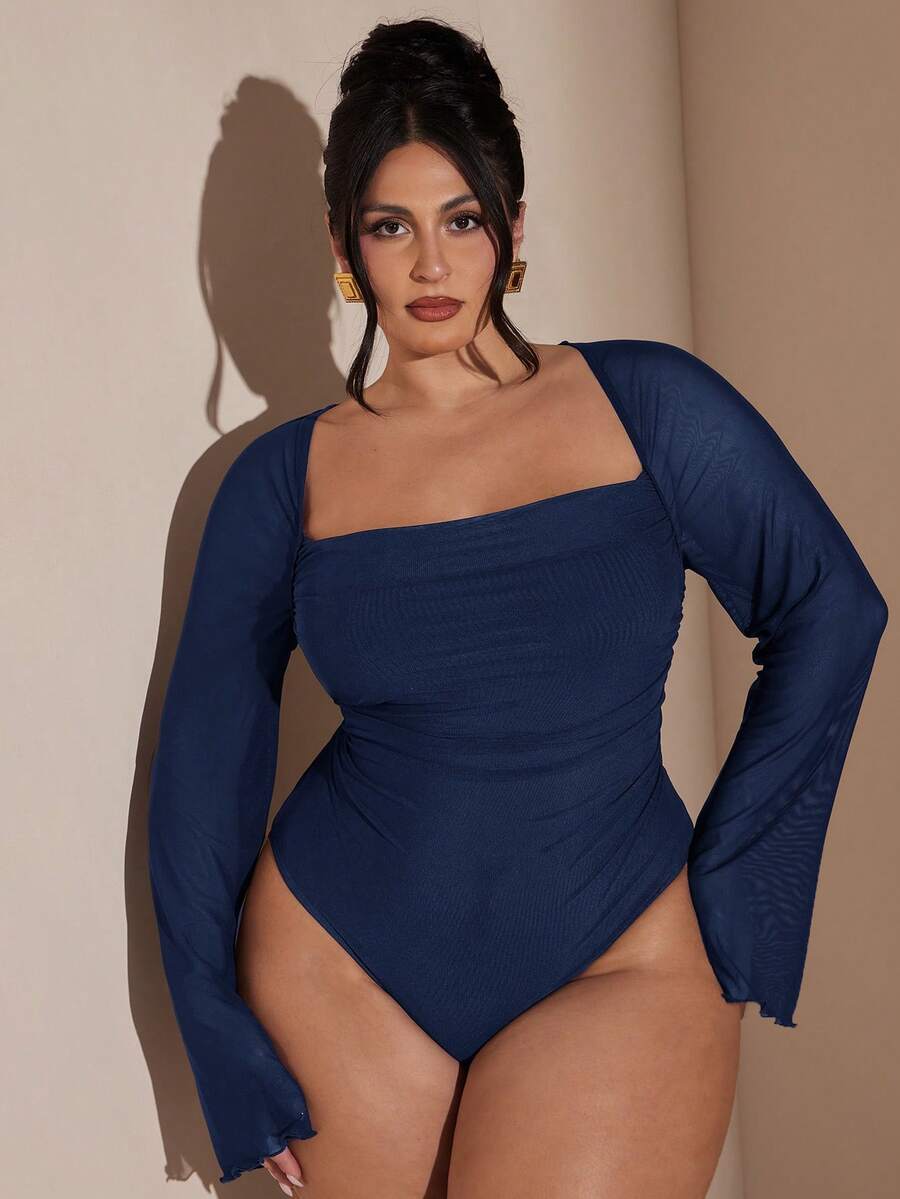 SHEIN BAE Bộ đồ liền thân dài tay màu tím thanh lịch cỡ lớn dành cho nữ, mùa thu/đông - Màu xanh hải quân - Xem 1